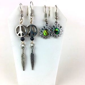 Peace sign with feather and abalone sun earrings